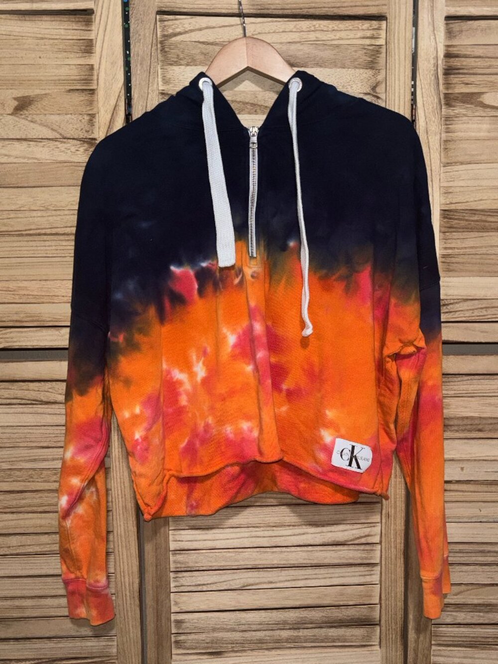 Calvin Klein Jeans Tie Dye Half Zip Cropped Hoodie Navy Orange Blue L⁠